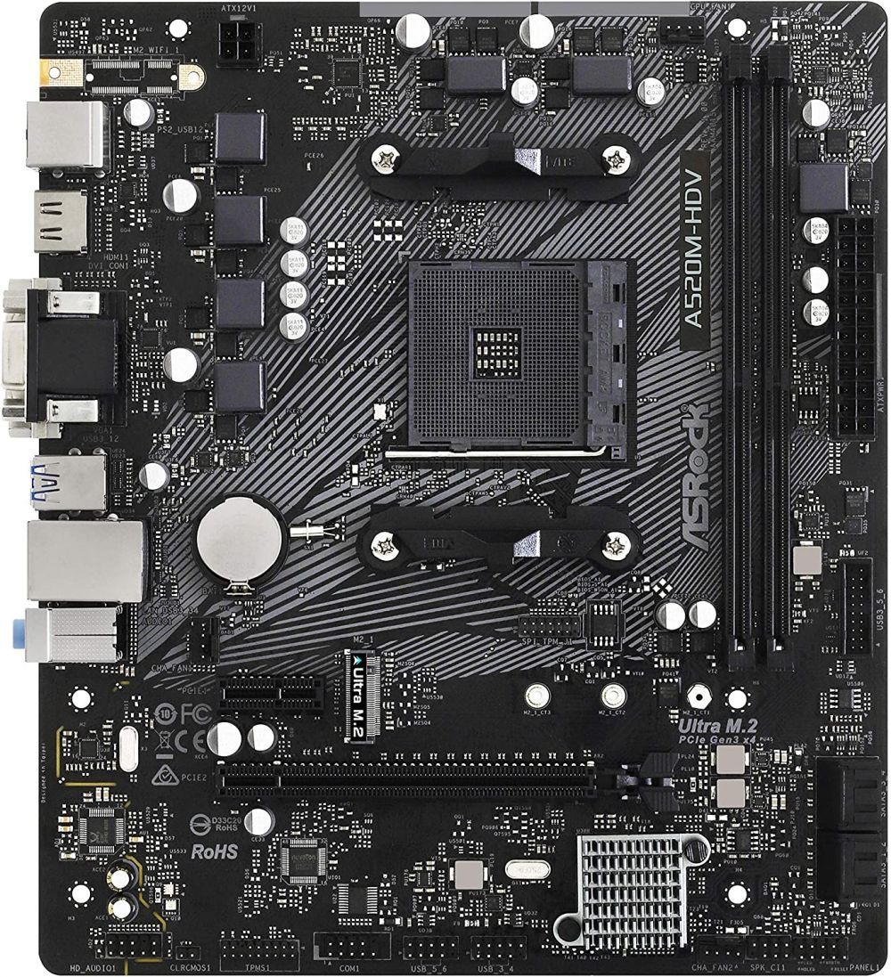 Placa de baza ASRock A520M-HDV, socket AM4, 2x DDR4 UDIMM, 4x SATA, 1x NVMe, 12x USB-A, mATX