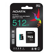 ADATA AUSDX512GUI3V30SA2-RA1 ADATA 512GB Premier Pro MICROSDXC. R/W up to 100/80 MB/s. with Adapter
