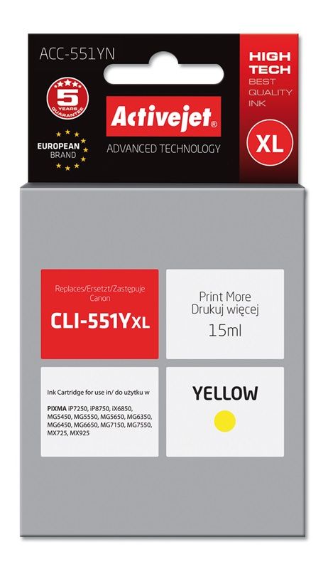 Cartus cerneala Activejet ACC-551YN ,Galben ,15 ml (compatibil cu Canon ACC-551YN)