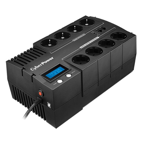 UPS Cyber Power BR1200ELCD-FR, 1200 VA, 720 W, cu management, line-interactive, 8x Schuko, 2x USB, Sigilată plumb-acid, 8.5 minute (50% sarcina), LCD, Brick, Negru