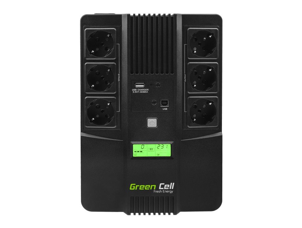UPS Green Cell UPS07, 480 W, line-interactive, 6x Schuko, 1x USB, 12 V / 9Ah LCD, Brick, Negru