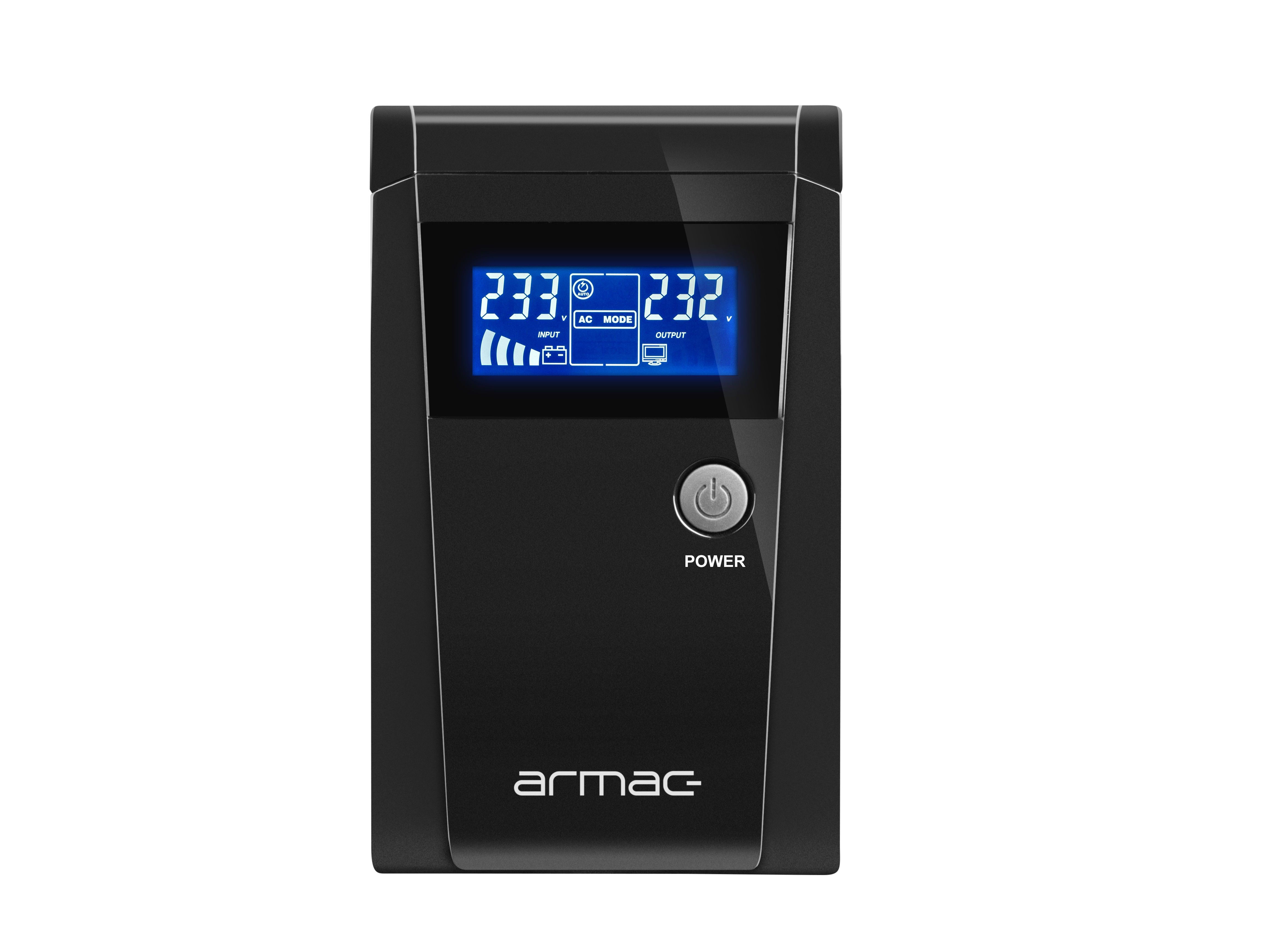 UPS Armac O/650E/LCD, 650 VA, 390 W, cu management, line-interactive, 2x Schuko, 1x RJ45, 1x USB, 12V 7Ah Lead–acid, LCD, Tower, Negru