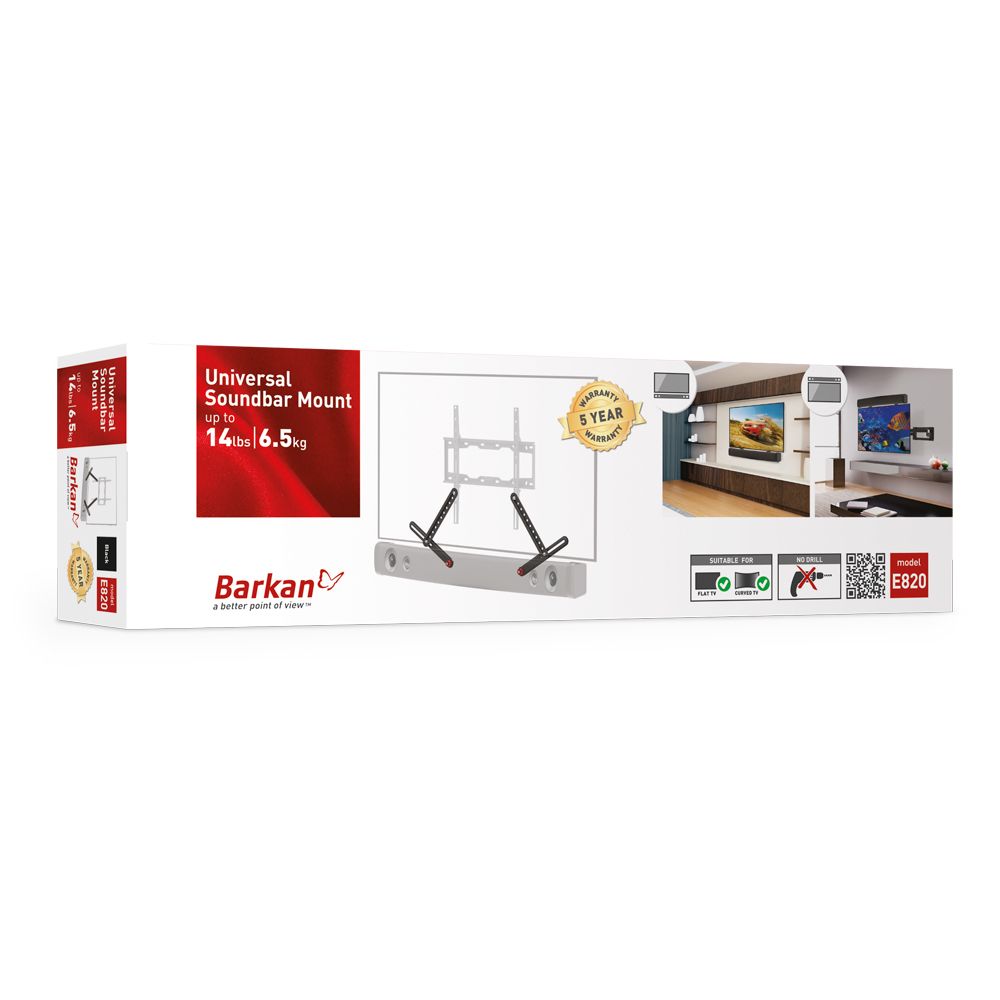 Suport Ajustabil pentru montare Soundbar la suport TV  A Sound Bar mount for weight up to 14lbs/ 6.5kg.  5 years Warranty.  Suitable for both Flat & Curved TVs up to 80 .  A conjunctive structure allows ultimate compatibility to a wide range of TVs and speaker sizes.  A special locking mechanism