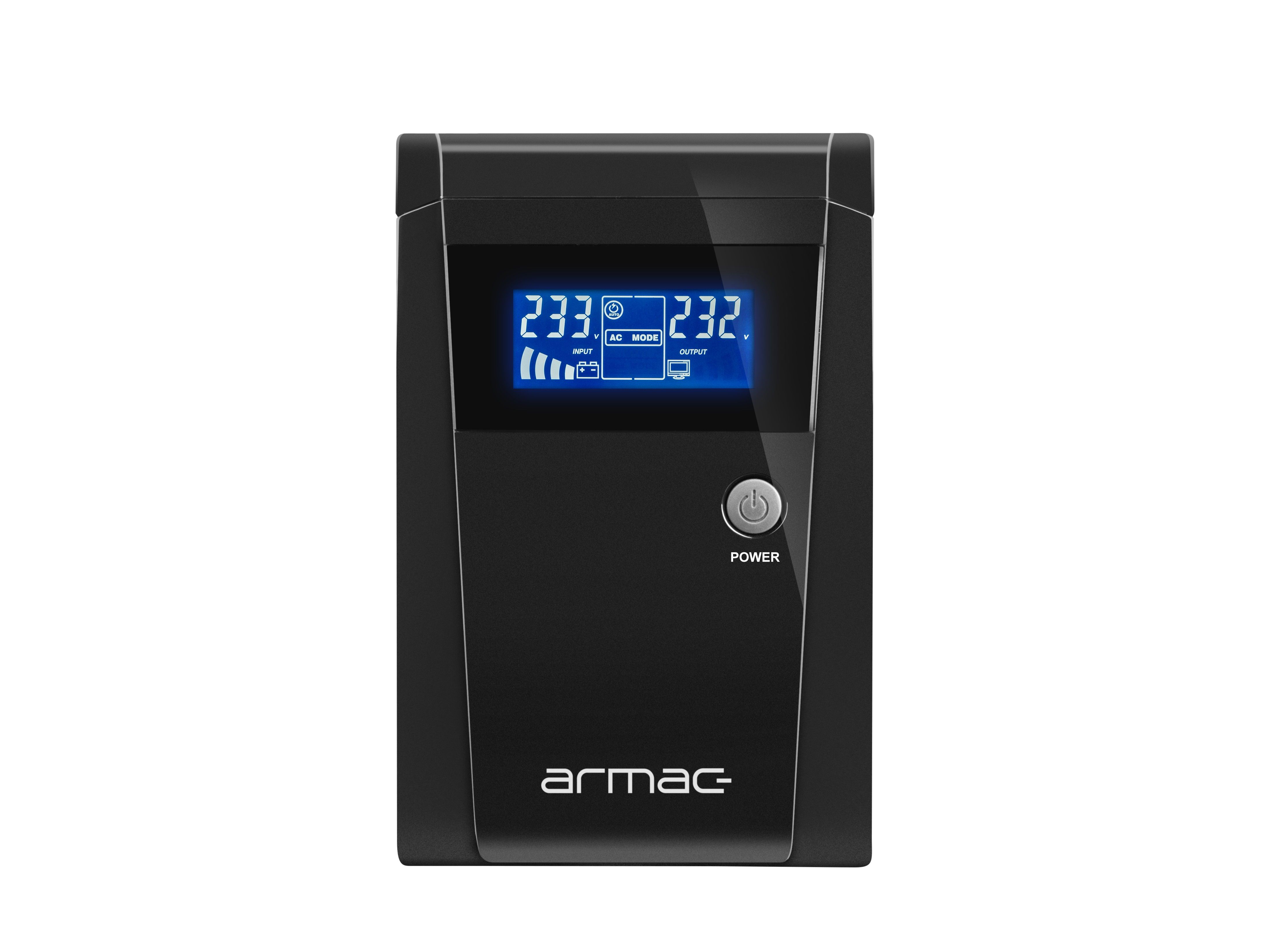 UPS Armac O/1500E/LCD, 1500 VA, 950 W, cu management, line-interactive, 3x Schuko, 1x RJ45, 1x USB, 12V 9Ah LCD, Tower, Negru