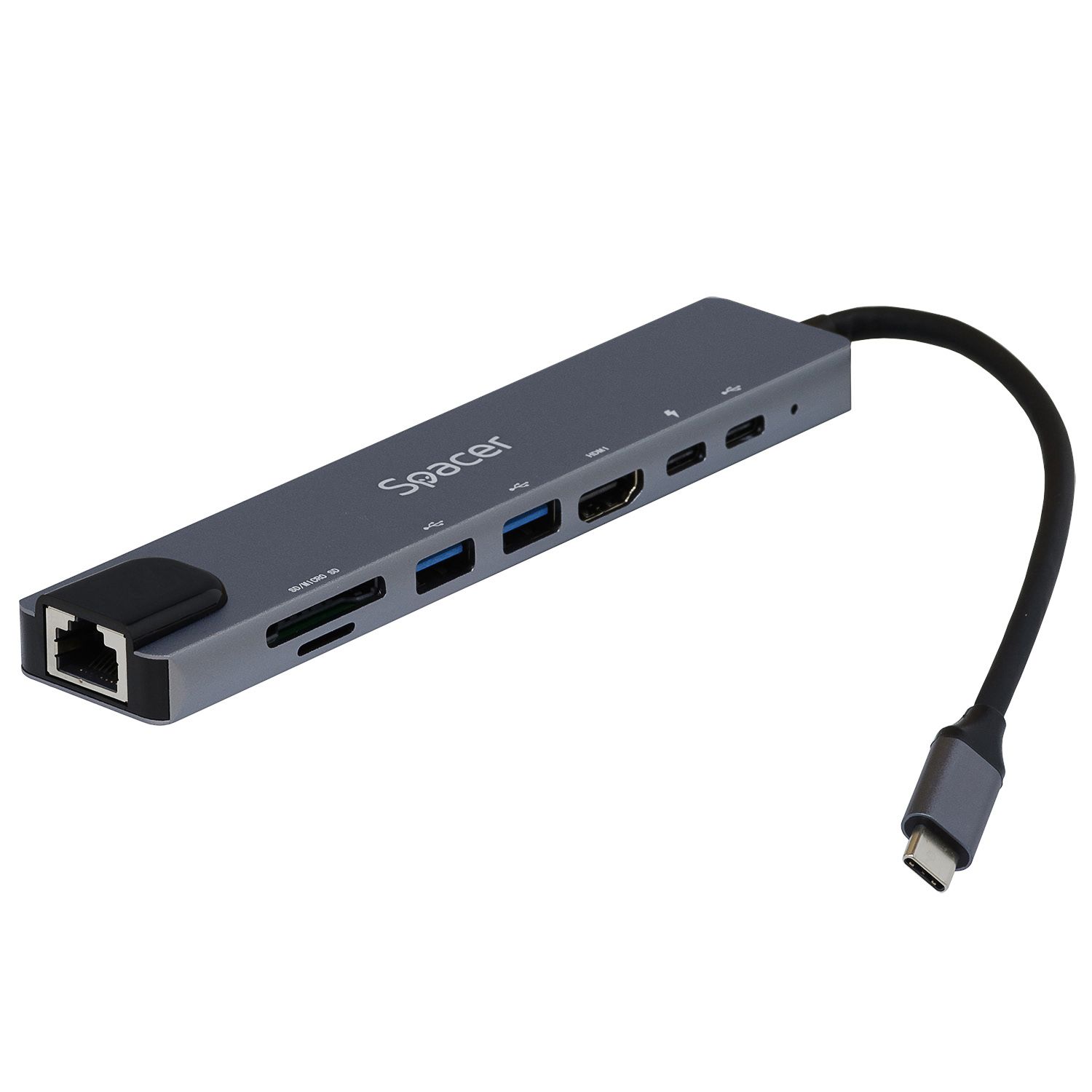 DOCKING Station Spacer universal 8 in 1, conectare Type-C, USB 3.0 x 2|USB Type C x 1|PD 87W x 1|HDMI x 1 4K (30Hz)|RJ-45 (1000MHz/s)| SD Cardx1| TF (MicroSD)x1, Gri, Aluminiu,  SPDS-TypeC-CHUPSG-8in1