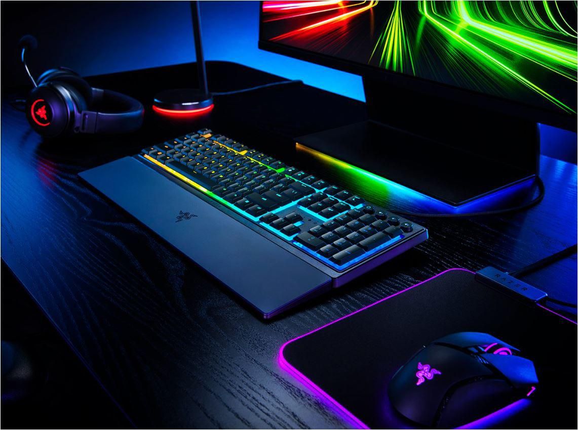 Tastatura Razer Ornata V3 - Low Profile Gaming  TECH SPECS SWITCH TYPE Razer™ Mecha-Membrane Switches APPROXIMATE SIZES Full Size LIGHTING 10 Razer Chroma™ RGB Lighting Zones WRIST REST Yes ONBOARD MEMORY None MEDIA KEYS Dedicated Media Controls PASSTHROUGH None CONNECTIVITY Wired - Attached KEYCAPS