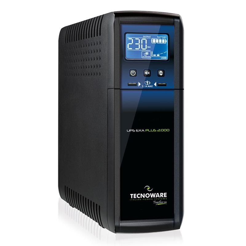UPS TecnoWare FGCEXAPL1102IEC, 1100 VA, 770 W, line-interactive, 8x Schuko, 1x RJ45, 1x USB, LCD, Tower, Negru