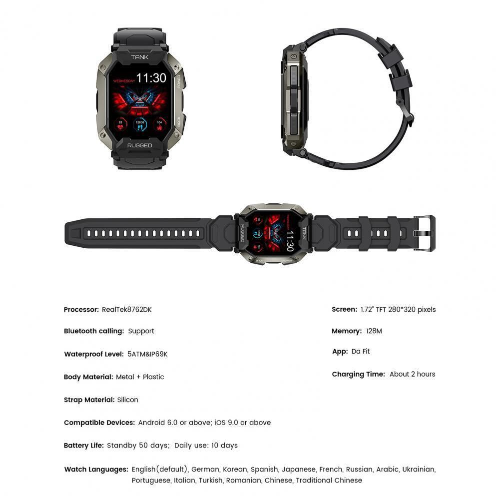 Smart watch Realtek 8762DK LCD 1.3'' LTPS 360X360px, TP G+F 1+gesture 192KB Li-ion polymer battery 3.7v 280mAh,Gun aluminum alloy case middle frame+plastic bottom case+black silicone srap+gun strap buckle.host:45.4*42.4*9.6mm Strap:260*20mm 40.7g