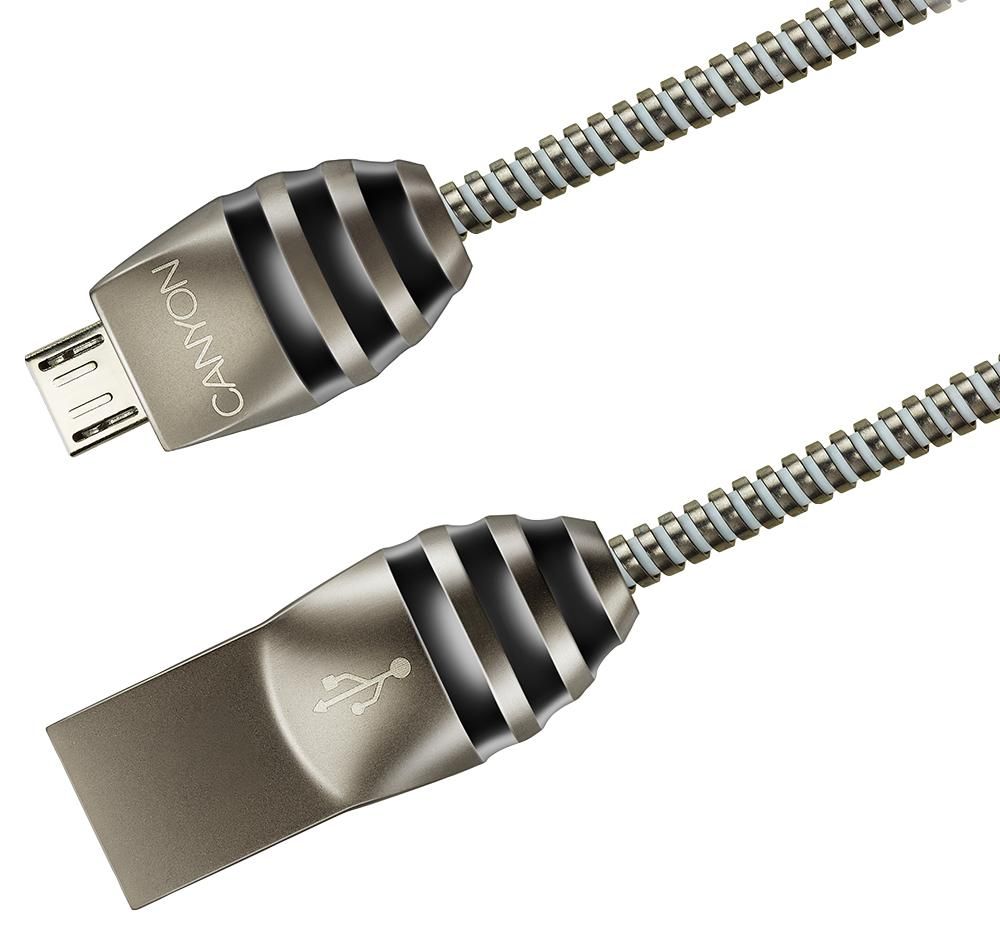 CANYON UM-5 Micro USB 2.0 standard cable, Power & Data output, 5V 2A, OD 3.5mm, metallic Jacket, 1m, gun color, 0.04kg