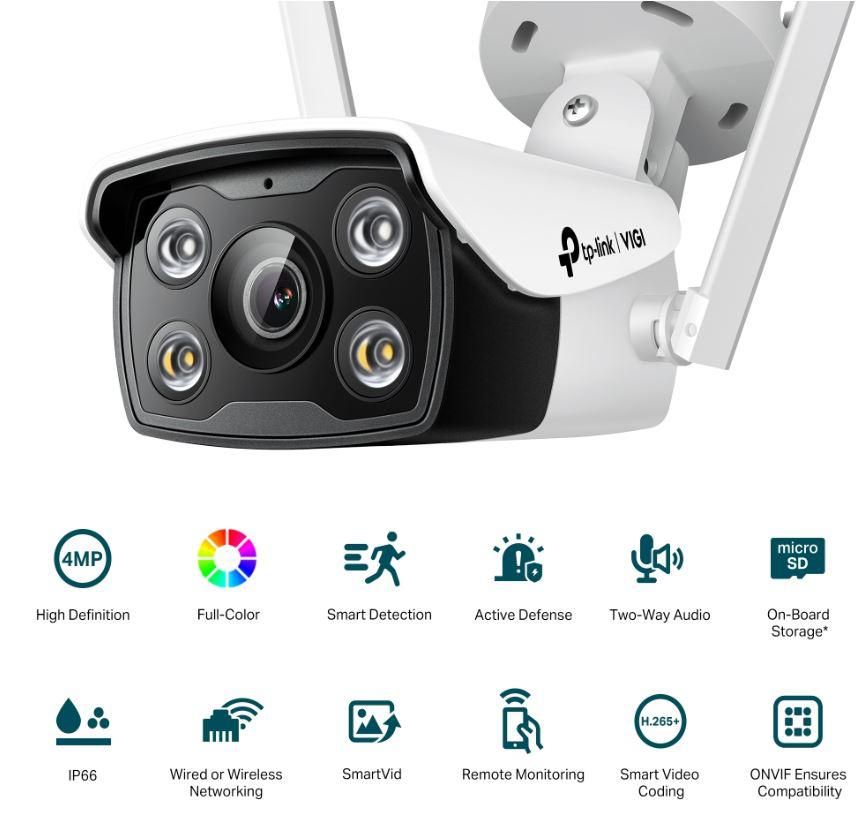 TP-LINK VIGI 4MP Outdoor Bullet Network WIFI Camera,VIGI C340-W(4mm), 1/3  
Progressive Scan CMOS, obiectiv: 4mm, F1.6,  unghi vizualizare  Horizontal FOV: 79°, Vertical FOV: 43°, Diagonal FOV: 93°
distanta IR: 30mm, interfata : 2.4 GHz, 1 x RJ45 10/100M. Ip66