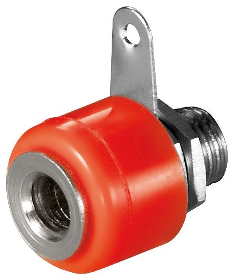 Female banana plug, 4mm, with screw, plastic, mounted on the panel, red
Packaging: bulk 1 pc.