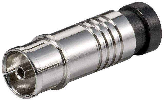Female coax antenna socket, compression type, for external cable up to 7.0mm
Packaging: bulk 1 pc.
