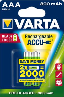 Battery Ni-MH Micro (AAA,R03) 1.2V 800mAh 56703 Varta
- &quotReady to use&quot technology
Packaging: blister 2 pcs.