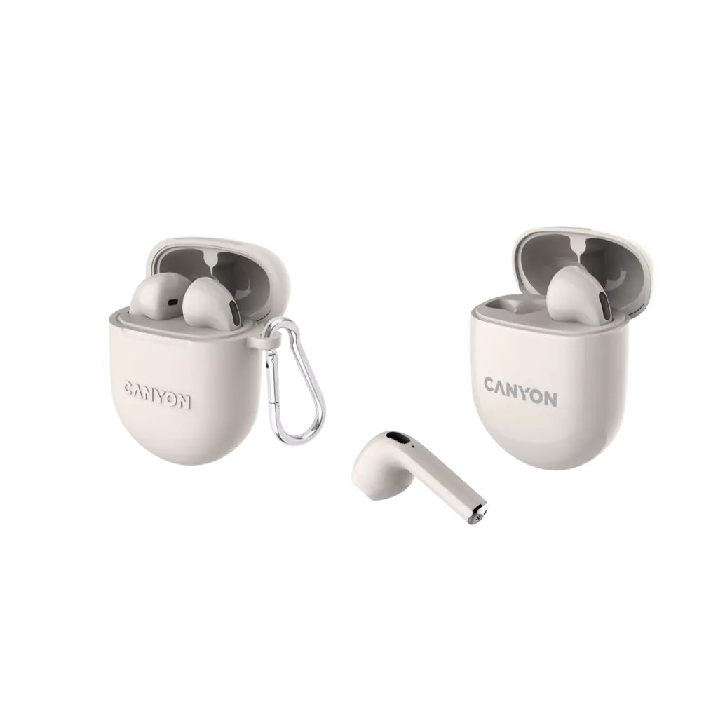 CANYON TWS-6, Bluetooth headset, with microphone, BT V5.3 JL 6976D4, Frequence Response:20Hz-20kHz, battery EarBud 30mAh*2+Charging Case 400mAh, type-C cable length 0.24m, Size: 64*48*26mm, 0.040kg, Beige