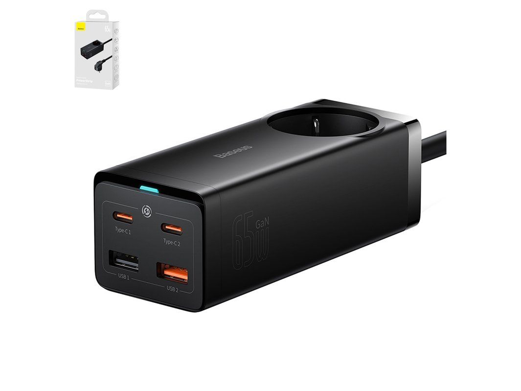 INCARCATOR RETEA Baseus GaN3 Pro Powerstrip, Quick Charge 65W, 1 x AC, 2 x USB Type-C Output 5V/3A, 2 x USB, include cablu USB Type-C la USB Type-C 100W lungime 1m, negru  PSZM000901