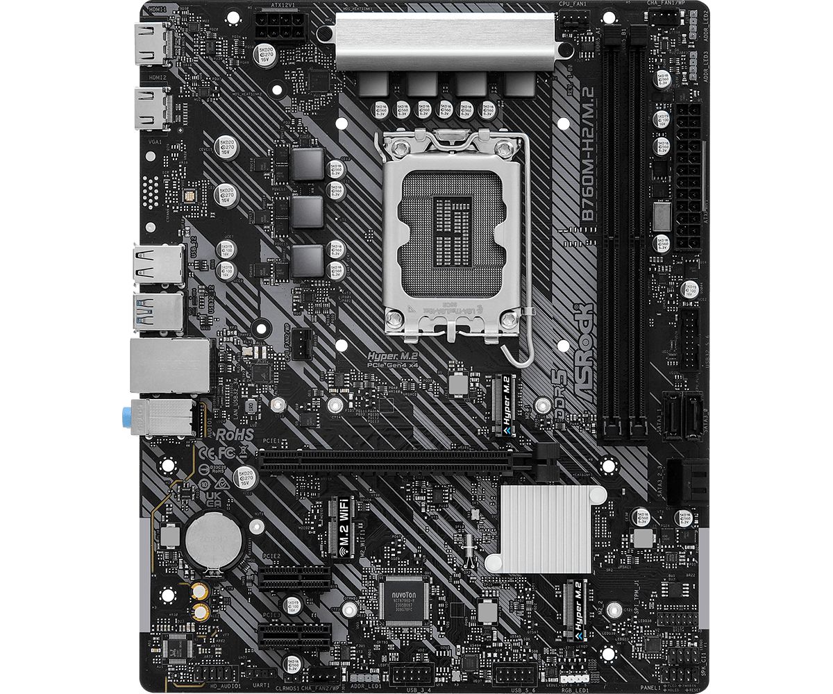 Placa de baza ASRock B760M-H2/M.2, socket 1700, 2x DDR5 UDIMM, 4x SATA, 2x NVMe, 12x USB-A, mATX