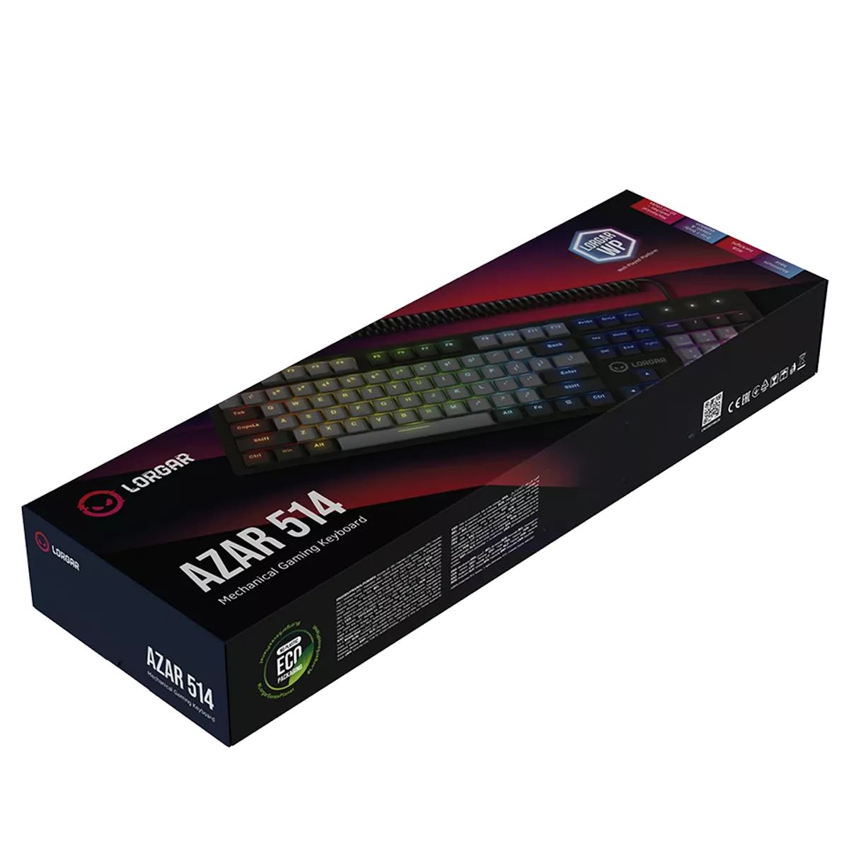 LORGAR Azar 514, Wired mechanical gaming keyboard, RGB backlight, 1680000 colour variations, 18 modes, keys number: 104, 50M clicks, linear dream switches, spring cable up to 3.4m, ABS plastic+metal, magnetic cover, 450*136*39mm, 1.17kg, white, EN layout