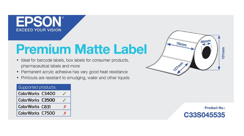 Premium Matte Label - Die-cut Roll: 76mm x 127mm, 265 labels