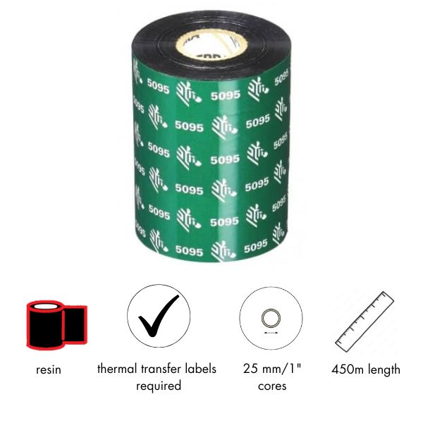 Thermal transfer ribbons, Zebra, 5095, resin, 174 mm, 450 m, Out, Black