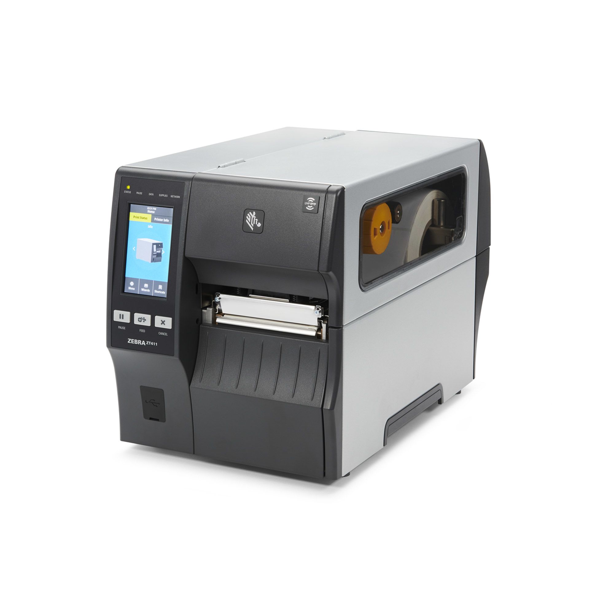 TT Printer ZT411 4 , 203 dpi, Euro and UK cord, Serial, USB, 10/100 Ethernet, Bluetooth 4.1/MFi, USB Host, Peel w/ Full Rewind, EZPL