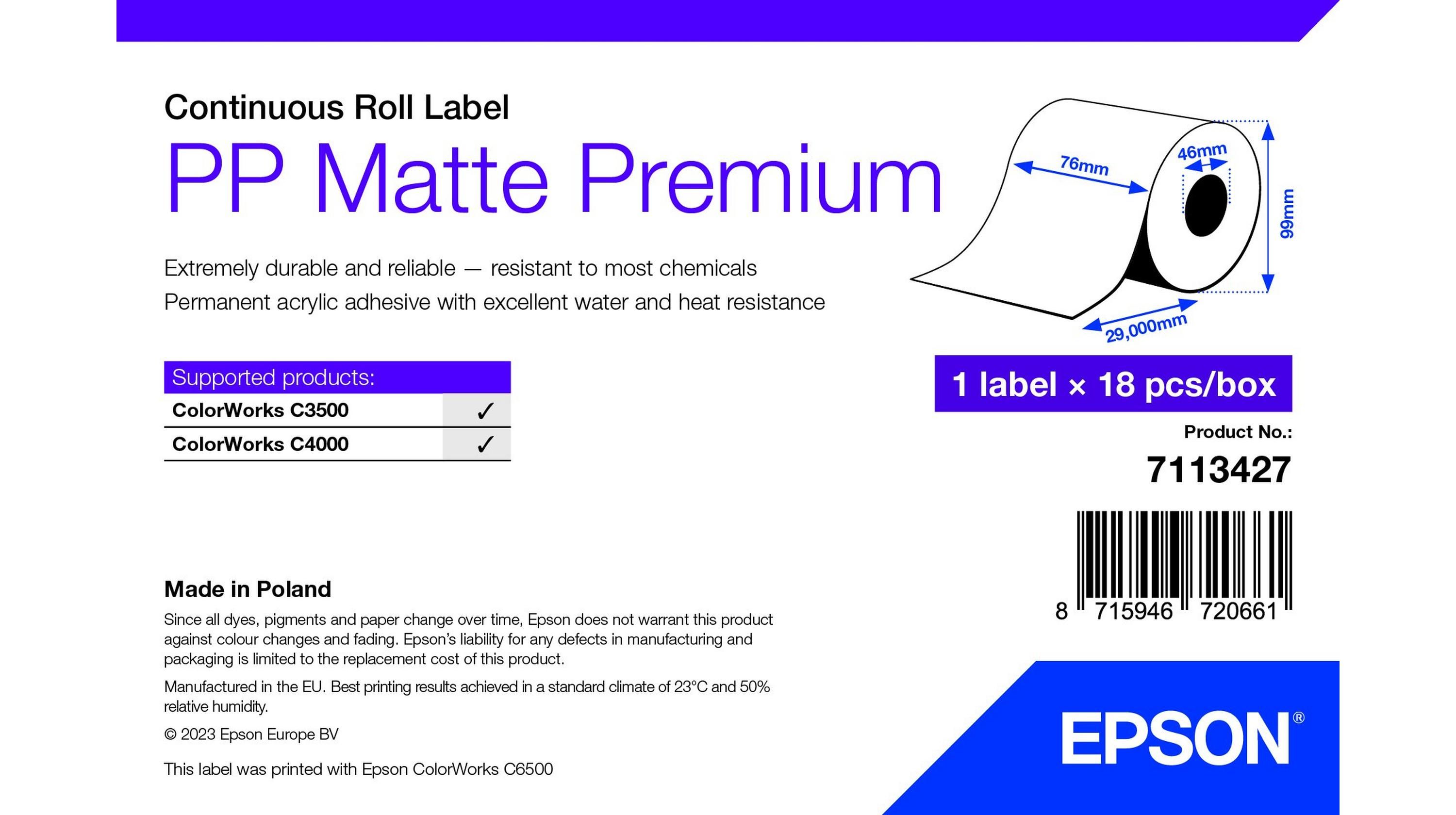PP MATTE LABEL PREM CONTINUOUS/ROLL 76X29MM