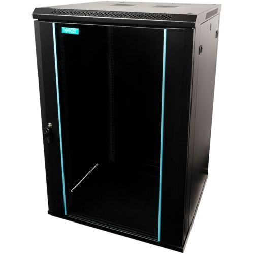 CABINET 19  SPACER  18U 600x600mm, de podea, Flatpack (dezasamblat),  Black, usa sticla cu blocare, panouri laterale detasabile, otel 2mm, sarcina maxima 1000Kg,  SPCN-18U-600-BK-03