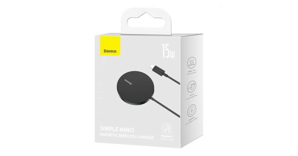 INCARCATOR wireless Baseus Simple Mini3 15W, magnetic, compatibilitate smartphones, cablu Type-C la Type-C inclus, negru  CCJJ040001  (timbru verde 0.18 lei) - 6932172618643