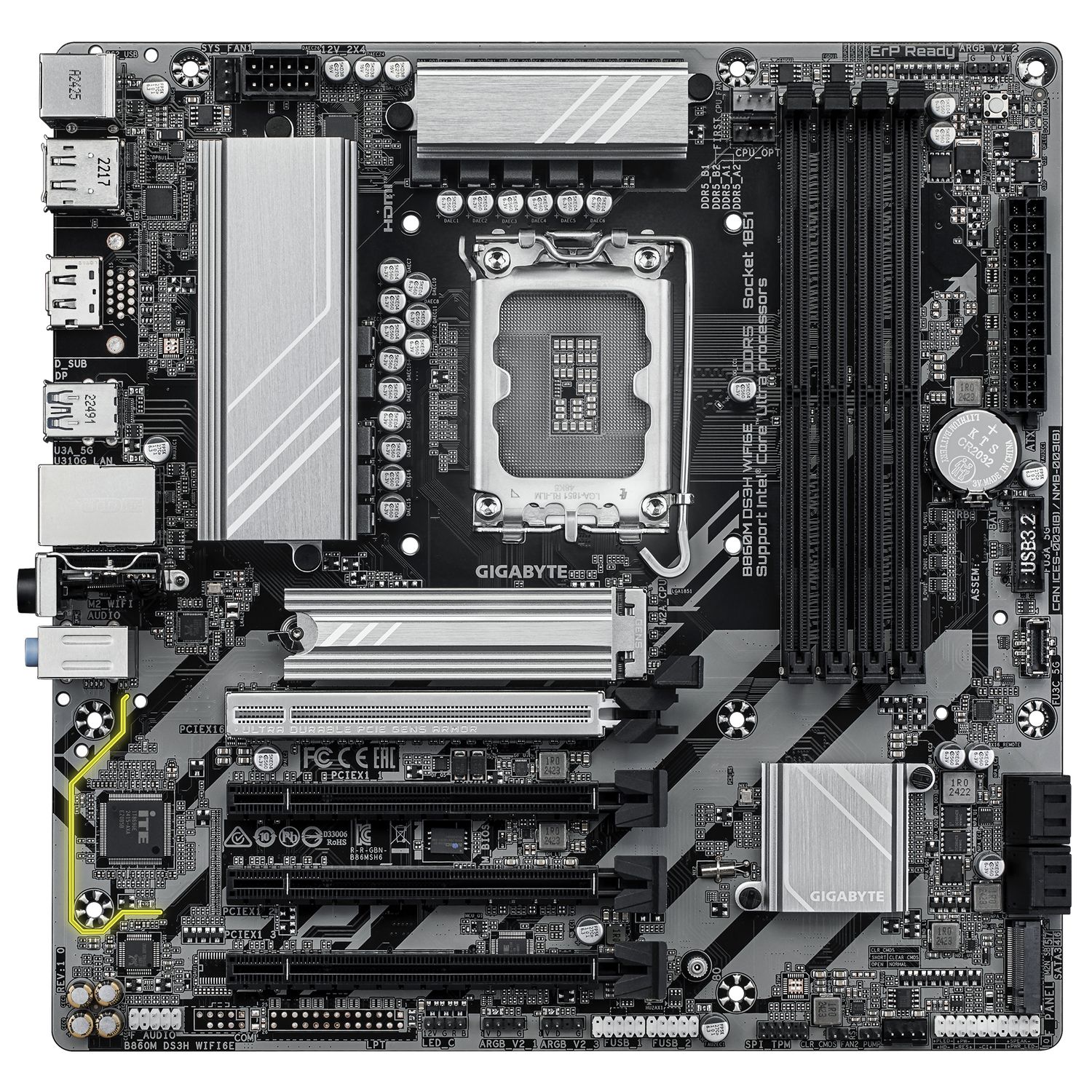 B860M DS3H WIFI6E, LGA1851, DDR5, BT, mATX, Negru/Gri