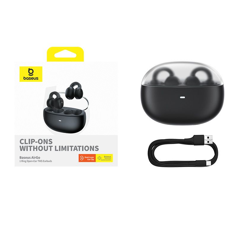CASTI Baseus AirGo 1 Ring Open-Ear, pt smartphone, wireless, bluetooth 5.3, microfon pe casca, 25 ore durata baterie, cablu inclus USB la Type-C 0.3m, negru  A00069201113-00  (timbru verde 0.18 lei) - 6932172655334