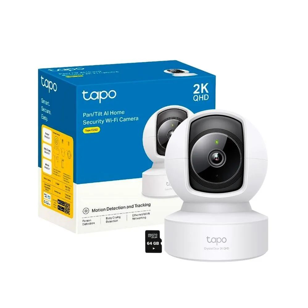 Pan/Tilt AI Home Security Wi-Fi Camera SPEC: 2K QHD (2560x1440), 2.4 GHz, Horizontal 360º, 1 × Ethernet Port FEATURE: Pan/Tilt, Smart AI Detection and Notifications (motion, people, pets, cars, baby crying, abnormal sound), Motion Tracking, Sound and Light Alarm, Remote Control, Two-Way Audio, Voice