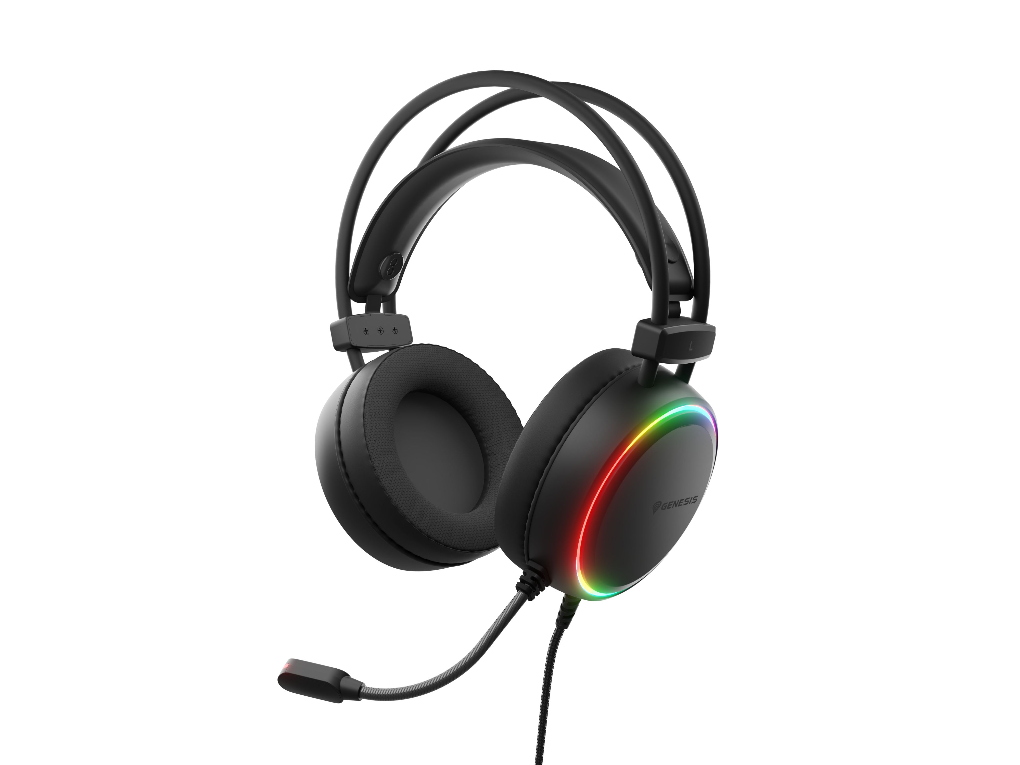 Casti gaming cu fir Genesis Neon 613 G2, sunet stereo, microfon, impendanta 32 Ohm, frecventa raspuns 20 - 20.000 Hz, lungime cablu 220 cm, iluminare RGB, frecventa raspuns microfon 10 Hz - 10 KHz, sensibilitate -42dB, conectivitate 1x Jack 3.5 mm TRRS, negru