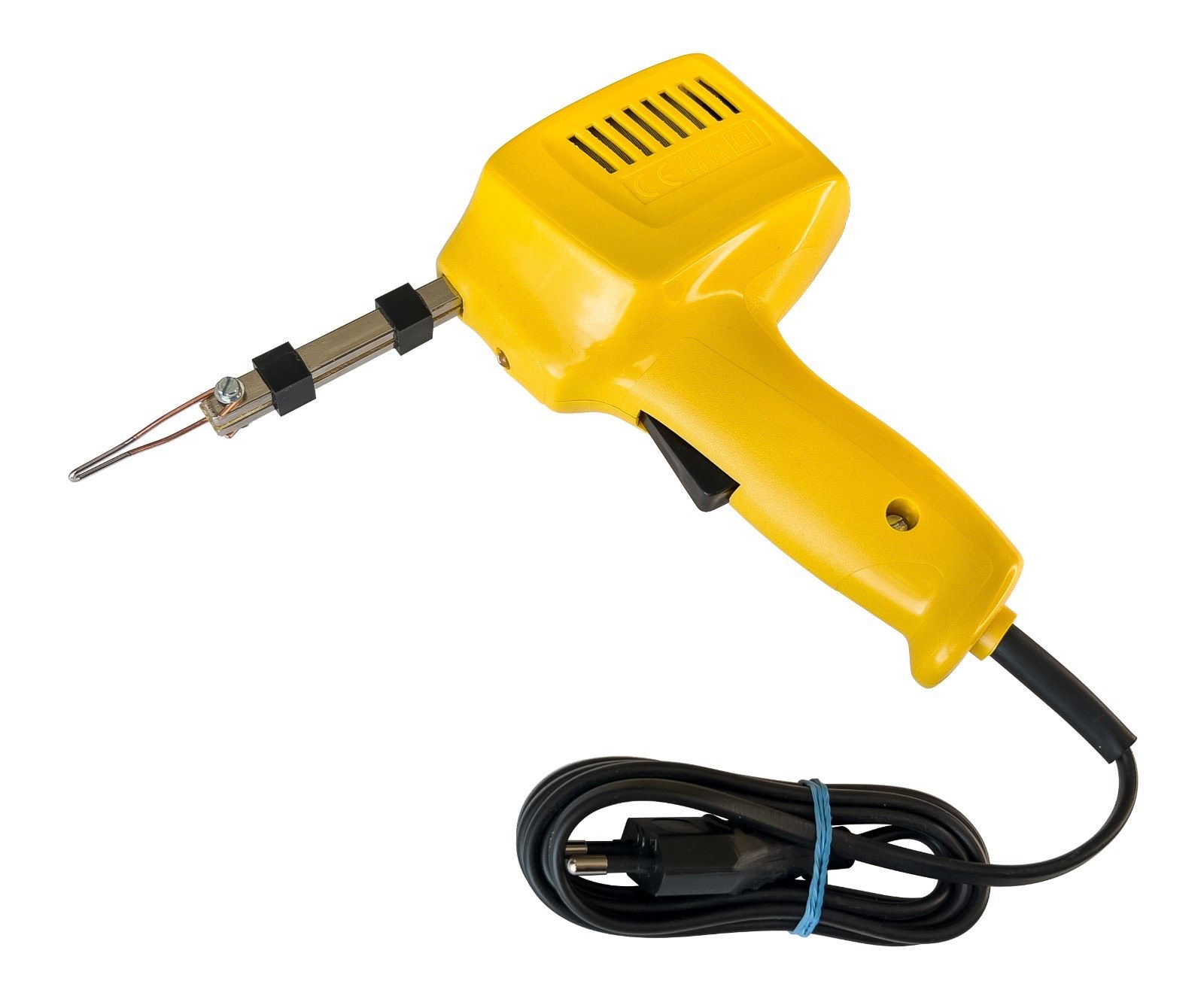 Soldering gun for tin, fludor, power 150W
- it is powered at 230V AC
- the set also contains 5 spare tips
Packaging: blister 1 pc

Destination:

The transformer soldering gun is designed for soldering small components. It is especially recommended for soldering connections in electrotechnics, where the soldered components will not be damaged by the resistance heat of the soldering loop. It is a compact device, in accordance with the regulations valid during its manufacture and approved for operation by the national verification center. The transformer with nickel terminals of the secondary is deposited in the plastic case. The soldering loop is fixed on their ends with the help of M3 screws. Operation is controlled using the microswitch button. In the case, under the terminals of the secondary, is the LED diode. The connection to the electrical voltage network is made with the help of a flexible cable of 1.8 m. The use: Before putting into operation, the handle must be adjusted in the right working position. During this action, the soldering gun must be disconnected from the electrical network. After adjusting the loop and inserting it into the socket (with the established voltage of 230 V and appropriate protection), the device is ready for use. By pressing the button of the soldering gun, it is put into operation. At the same time, the LED diode lights up as an indicator of operation and which at the same time illuminates the glued area. The sticking time - button contact is 10 seconds, the rest period until the next start is 30 seconds. This cycle must be respected in order not to overload the transformer. Before the first gluing, it is recommended to dip the hot handle in rosin. When using the tubular tin (max. &ampOslash &ampplusmn3 mm) dipping is not necessary, being filled with rosin.

Spare parts:

Soldering loops can be purchased in stores with electrical installation materials.

Warning:

Use the soldering gun only at the voltage mentioned on the label and in the instructions. Before the first start-up, check the condition of the power cable, so that it is not damaged. This check must be repeated before every other use, or in case of suspicion of damage due to incorrect handling. Use the device only where there is no risk of damage to the soldered components from the heat of the soldering iron. For all actions - replacing the handle, checking the power cable, etc. the soldering gun must be without voltage, the plug removed from the socket.

Liquidation:

Liquidate the product according to the valid regulations and orders, i.e. hand over the packaging and electrical devices to the places designated for this purpose. All repairs and interventions on the electrical components of the soldering gun can only be carried out by the specialized workshop with appropriate qualifications, or by the manufacturer. This appliance can be used by children aged 8 years and older and the elderly or with reduced physical, mental and sensory capabilities or with insufficient experience and knowledge, only if they are supervised or have been instructed in the safe use of the appliance. the consumer and understand possible dangers. It is forbidden for children to play with this consumer. Cleaning and maintenance by the user cannot be performed by children without supervision.
