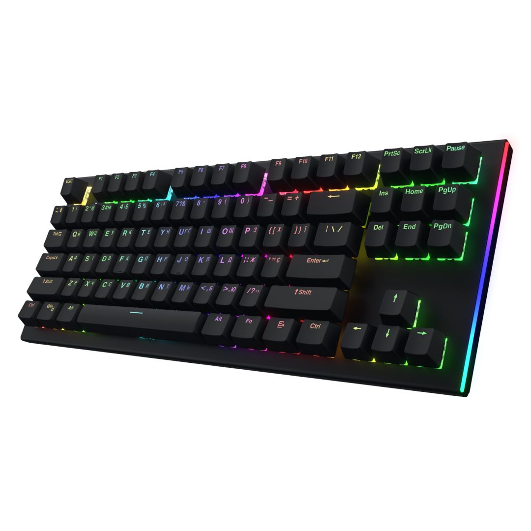 Tastatura mecanica cu fir Hator Gravity X TKL conectivitate USB, polling rate 1000Hz, iluminare RGB cu functia de a customiza fiecare tasta individual, tip switch HATOR Aurum Orange Linear rev.2.0, durata de viata switch 70M de clickuri, material taste ABS, profil  OEM, negru