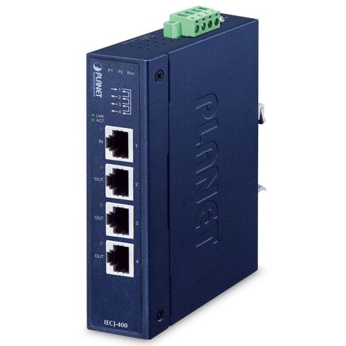Planet IECJ-400 Industrial 4-Port EtherCAT Junction Slave (-40~75 degrees C, dual 9~48V DC, 1 x 100TX RJ45 IN, 3 x 100TX RJ45 OUT,  BECKHOFF EtherCAT conformanc
