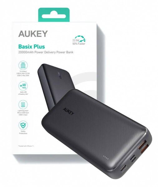 POWER BANK Aukey 20.000 mAh, 18W incarcare rapida 5-in-1, 1 x USB-C, 2 x USB-A, 1 x USB-Lighting, 1 x Micro-USB, 386g, negru,  EU001-LLTSN1018450C  (timbru verde 0.98 lei) - 608119200047