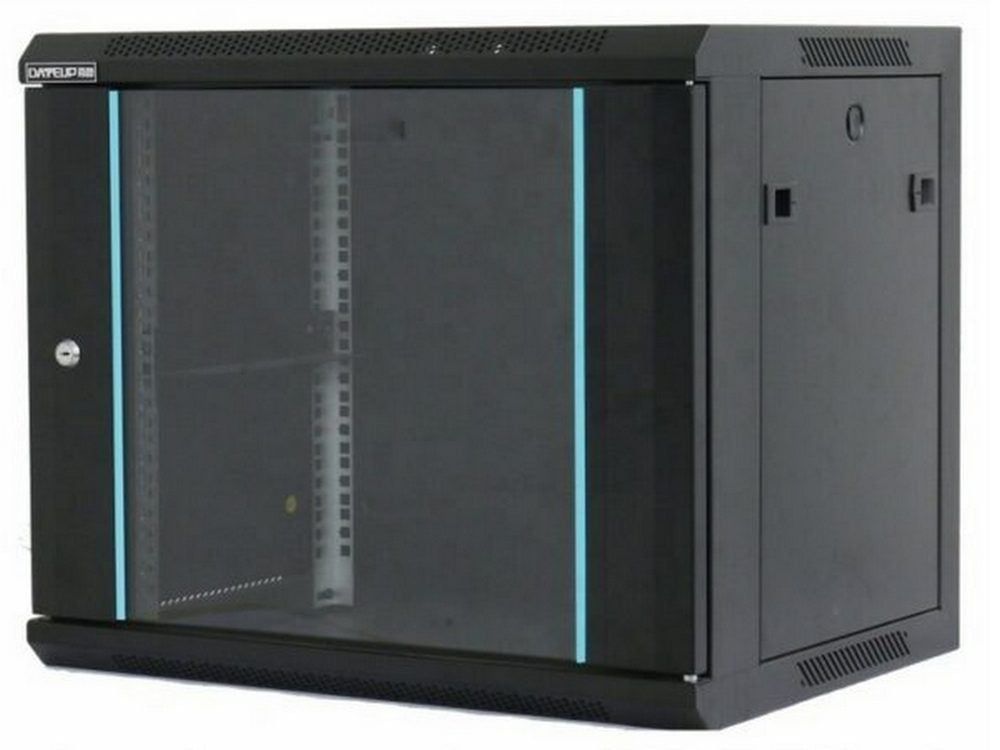 Rack 18U 600x600, montare pe perete, usa din sticla, panouri laterale detasabile si securizate, dezasamblat, culoare negru RAL 9004, DATEUP  MP.6618.9001