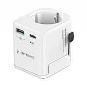 ALIMENTATOR retea 220V GEMBIRD, universal, EU la conectori: US/UK/CN/AU, cu impamantare, 1x Schuko, 1x USB Type-C PD 20W, 1x USB-A QC 18W, siguranta 10A, max. 2500W, alb,  TPA-EU1A1C20-01-W  (timbru verde 0.18 lei)
