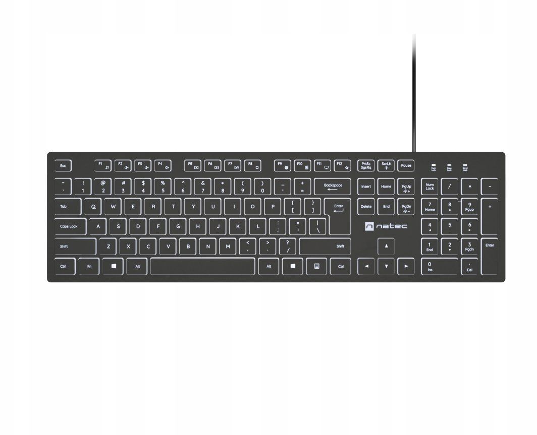 Tastatura Natec cu fir Herring Slim, membrana, iluminare alb taste, lungime cablu 150cm, 105 taste, layout ANSI-ISO, negru
