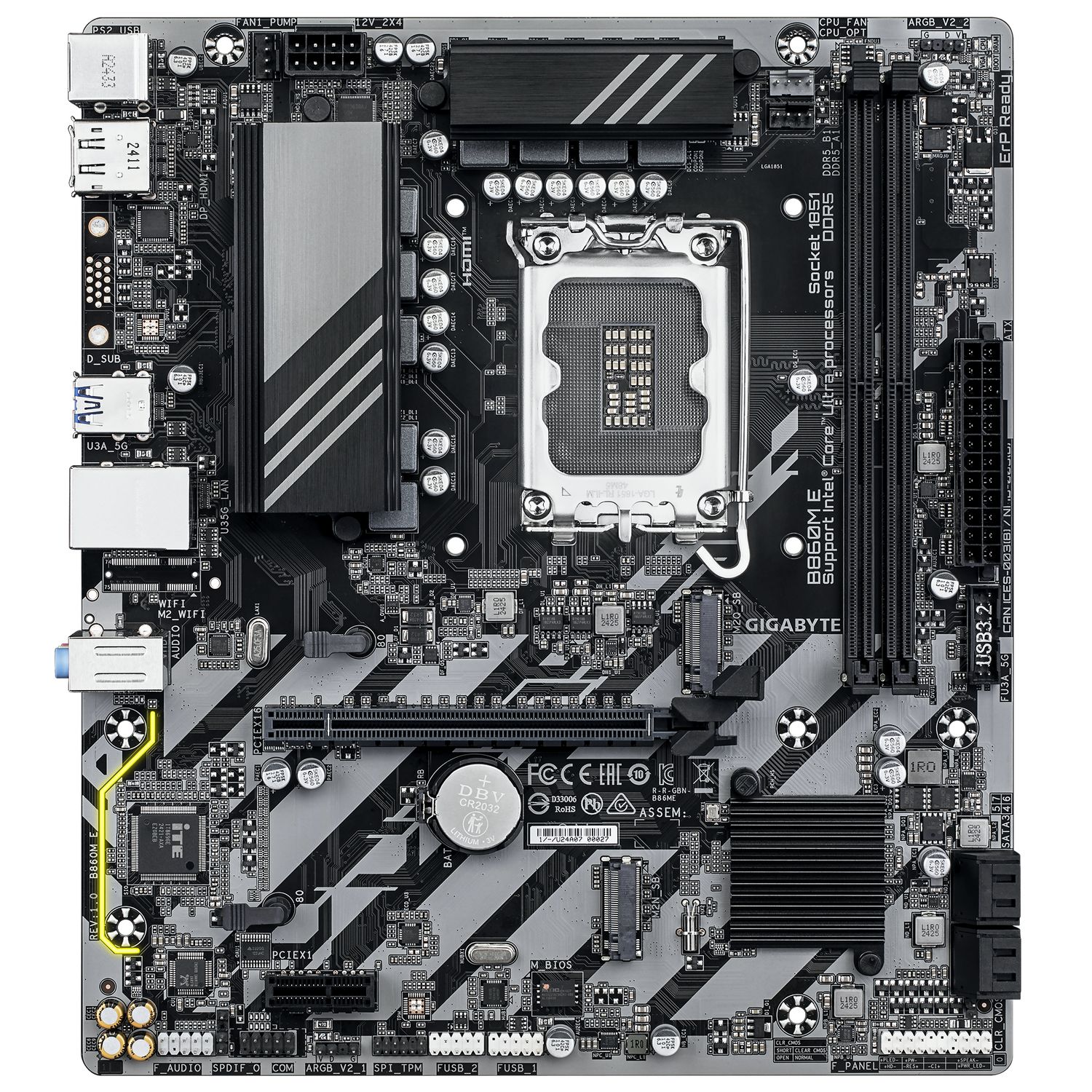 GIGABYTE B860M E. Processor manufacturer: Intel, Processor socket: LGA 1851 (Socket V1), Compatible processor series: Intel Core Ultra (Series 2). Supported memory types: DDR5-SDRAM, Maximum internal memory: 128 GB, Memory slots type: DIMM. Supported storage drive interfaces: M.2, PCI Express 4.0