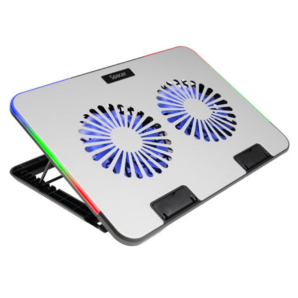 STAND SPACER notebook 17  Gaming, placa metal, 2x125mm LED fans,turatie:1200-1400rpm, 5 trepte Inaltime, RGB 7 jocuri, Suport Telefon, Airflow 86cfm, 2xUSB, Silver, Nivel zgomot 30dBA,  SPNS-Gaming-2F-02  (timbru verde 0.8 lei)