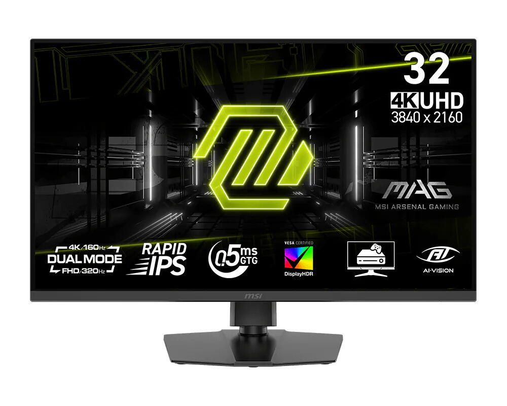 MSI MAG 322URDF E16. Display diagonal: 80 cm (31.5 ), Display resolution: 3840 x 2160 pixels, HD type: 4K Ultra HD, Response time: 0.5 ms, Native aspect ratio: 16:9, Viewing angle, horizontal: 178°, Viewing angle, vertical: 178°. Built-in USB hub, USB hub version: 2.0. VESA mounting, Height