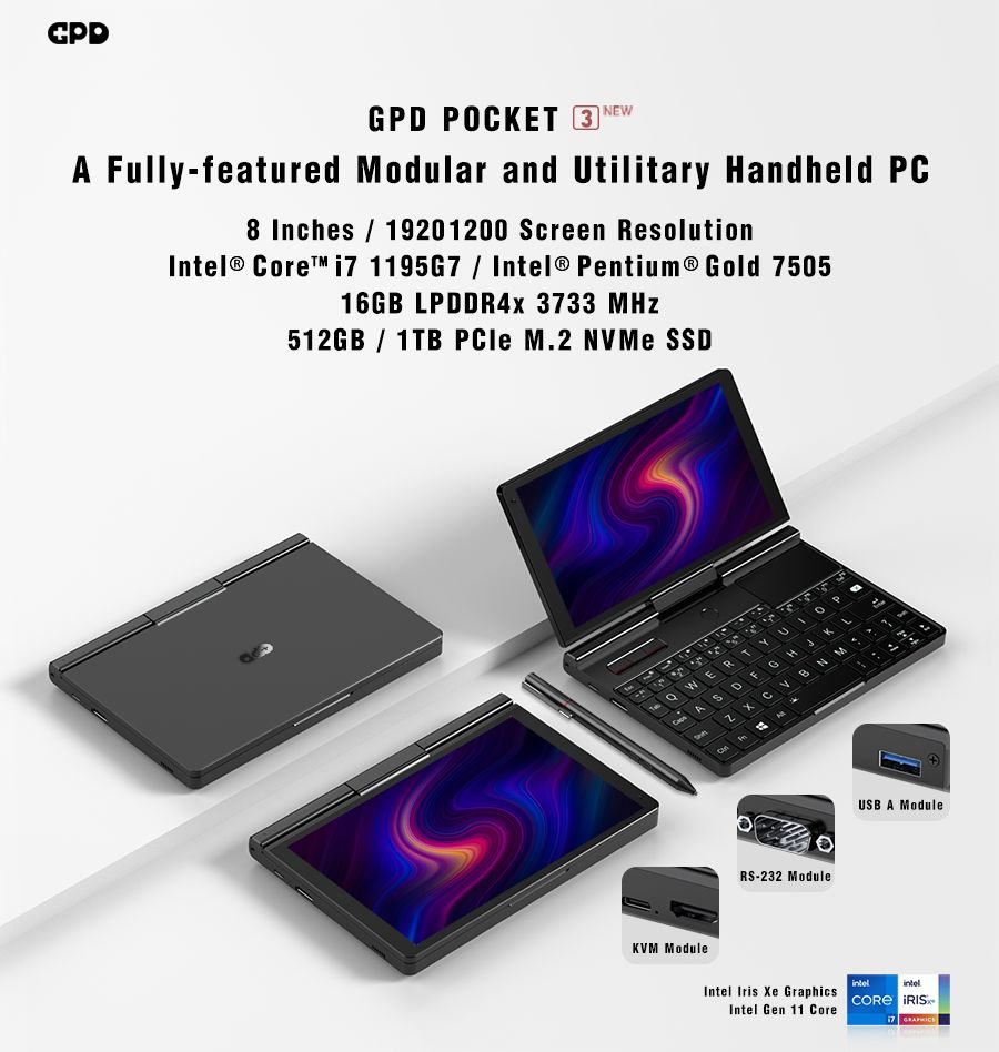 Laptop GPD Pocket 3K1 GPD-POCKET-3, 8 inch 1920 x 1200 pixeli Touchscreen, Intel Pentium Gold 7505 (2 C / 4 T, 2.0 GHz - 3.5 GHz, 4 MB cache, 15 W), 16 GB LPDDR4X, 512 GB SSD, Intel UHD Graphics, Windows 11, Tastatura English US, Negru