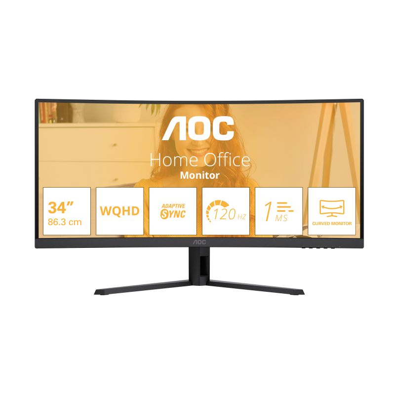 Monitor AOC 34  CU34B3E, Curvature: 1500R, Diagonal (inch): 34, Diagonal (cm): 86, Aspect ratio: 21:9, Panel: VA, Resolution: 3440x1440, Refresh Rate: 120Hz, Response time GtG: 4ms, Response time MPRT: 1ms, Brightness (max): 300 cd/m², Contrast (static) : 3500:1, Contrast (dynamic): 50M:1, Viewing