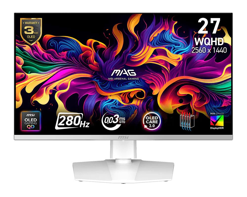 26 5  MSI MAG 272QPW X28 biały / QHD / QD-OLED / 16:9 / 0 03 ms / 1500000:1 / 450 cd-m2 / HDMI+DP+USB-C / VESA