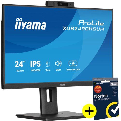 iiyama XUB2490HSUH-B2 Monitor ProLite 24  IPS FHD HAS cu cameră web + Norton Small Business 250G