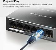 6-Port Gigabit Desktop Switch with 4-Port PoE+ PORT: 4× Gigabit PoE+ Ports, 2× Gigabit Non-PoE Ports SPEC: Compatible with 802.3af/at PDs, 65 W PoE Power, Desktop Steel Case, Wall Mounting FEATURE: Extend Mode for 250m PoE Transmitting, Priority Port 1-2, Isolation Mode, PoE Auto Recovery, Plug and